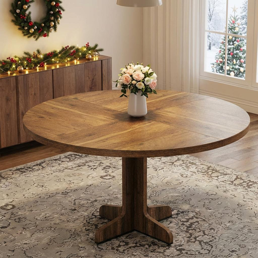 Round Dining Table, 119.9-cm Wooden Kitchen Table for 4-6 People, Farmhouse Circle Dinner Tables with Wooden Tabletop and Legs, No Shaking Easy Assemb