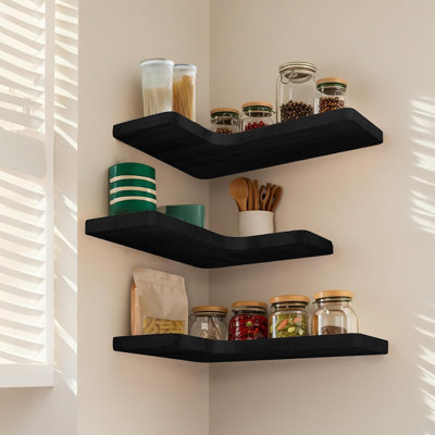 Floating Corner Shelves Set of 3, Solid Wood Picture Wall Shelf, Floating Shelves for Storage for Bedroom Kitchen Bathroom Living Room, Black