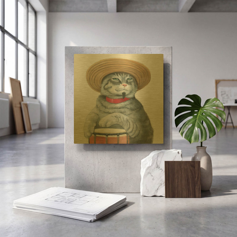 « Cattitude 2 » de Myles Sullivan, tableau mural en métal doré, 30,5 cm x 30,5 cm, 12"x12"