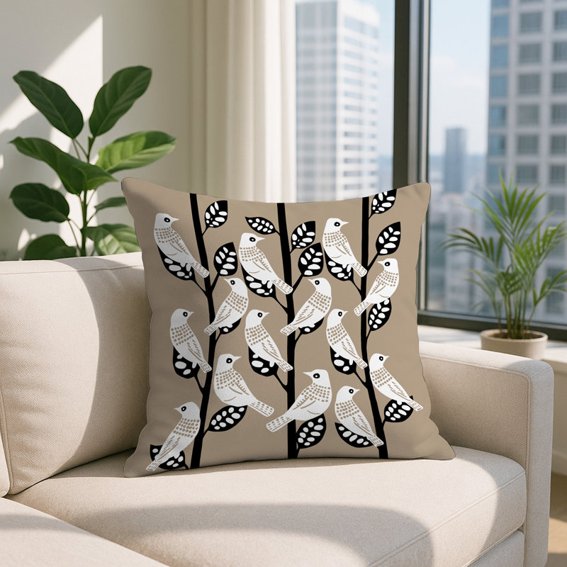 Keaton Bird Reversible Indoor/Outdoor Square Pillow, Square 15", Beige