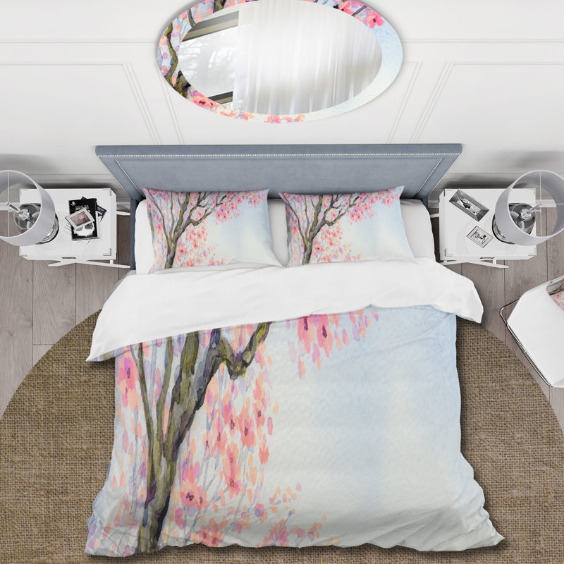Magnifique oiseau rose sur une branche II - ensemble de housse de couette traditionnel - microfibre de polyester