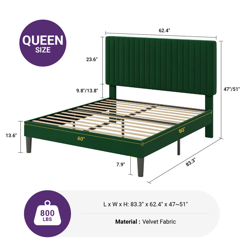 Lit plateforme tapissier en velours avec tête de lit capitonnée verticale ajustable, Grand, Vert
