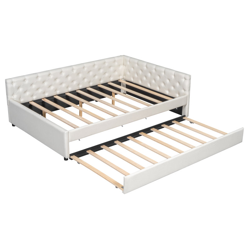 Lit plateforme tapissier double capitonné avec lit gigogne simple TG, Beige