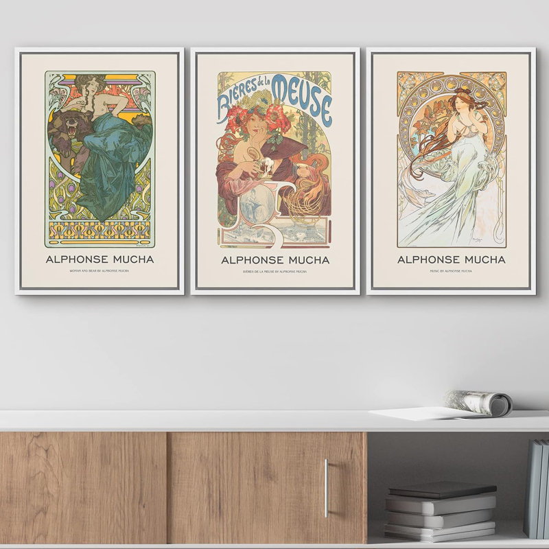 Œuvre classique, motif de fleurs d'Alphonse Mucha, femmes, 3 pièces, H 24 po x l 16 po x P 1,5 po, Cadre en plastique blanc