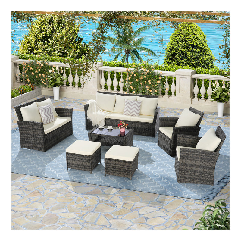 7 pièces ensemble de meubles d'extérieur en rotin pe / rotin 9 places, Beige