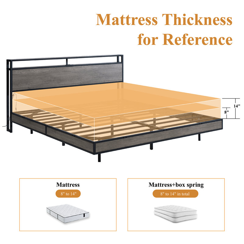 Khemis Floating Bed Frame with LED Lights and  Charging Station, RGB Smart Storage Headboard Platform Bed with Type-C & USB Port