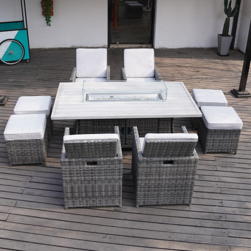 Bentlei 8 - Person Wicker Patio Dining Set with Rectangular Table , Cushions Included