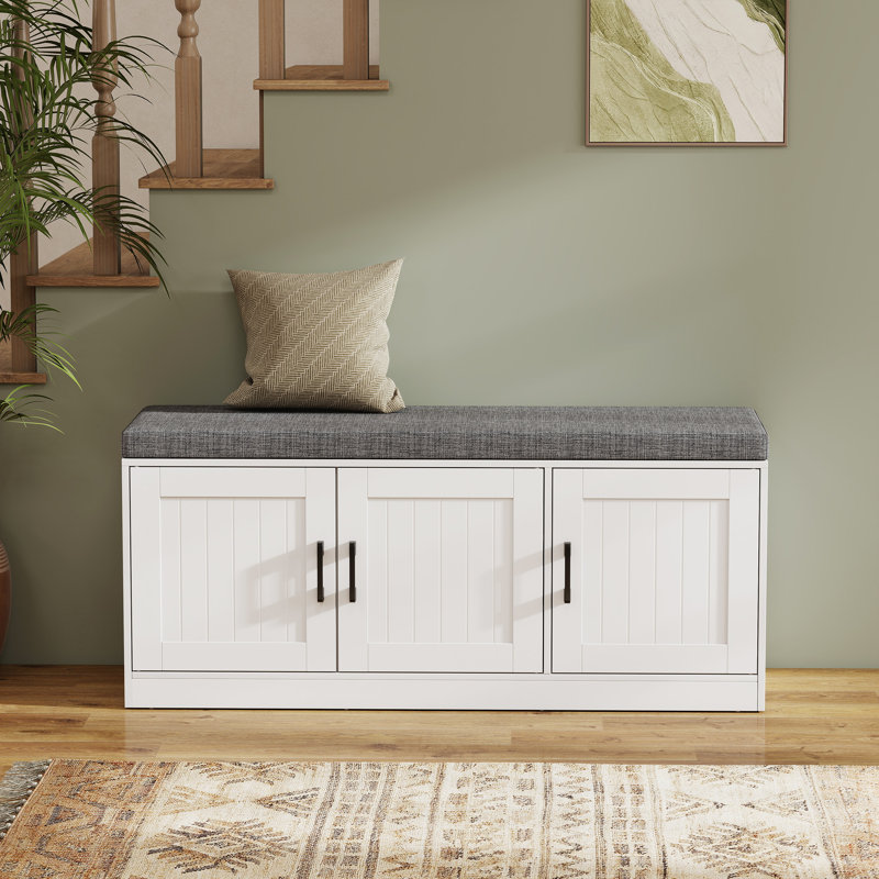 42.5" Modern Upholstered Shoe Storage Bench with 3 Doors & Adjustable Shelves, Entryway Hallway Bench with Washable Cushion for Bedroom and Foyer