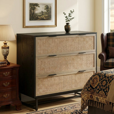 Rattan Dresser For Bedroom, 37.2" Wide 3 Drawer Dresser With Metal Handles, Wood Storage Dressers & Chests Of Drawers For Hallway, Black