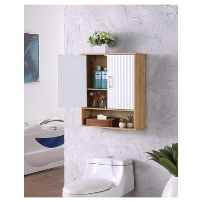 Armoire murale de salle de bain avec double porte, tablette inférieure, portes à motifs ondulées, tablette intérieure réglable, installation facile, bois blanc et naturel