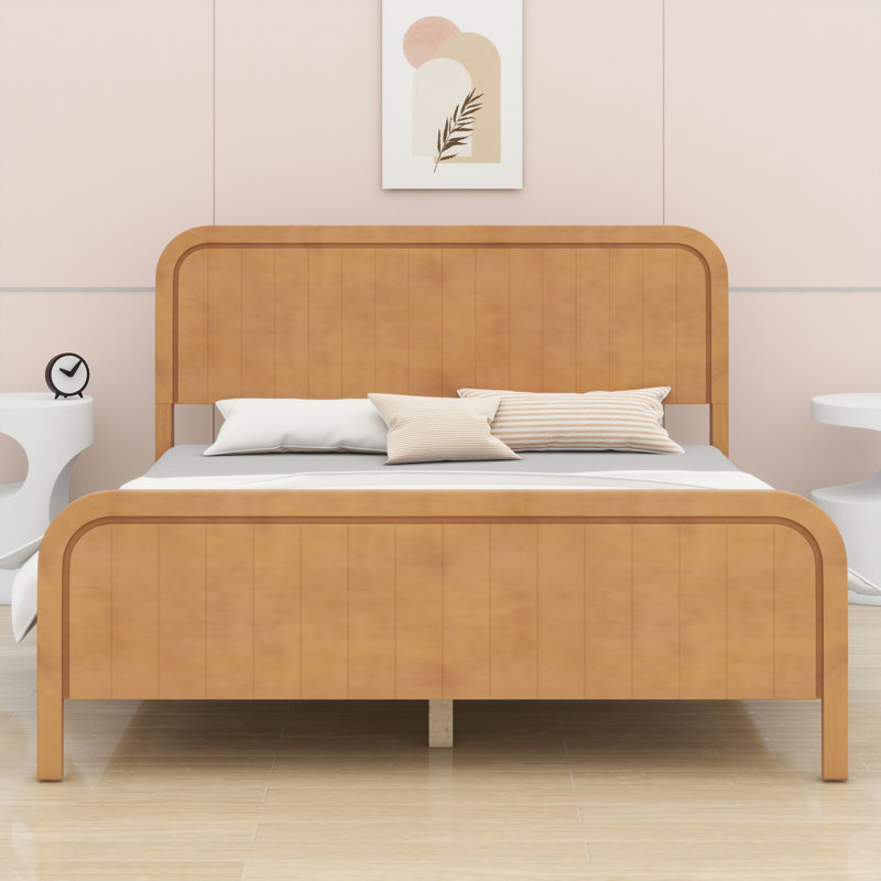 Structure de lit en bois robuste avec tête de lit, système de support de lattes en bois intégré, Natural Oak