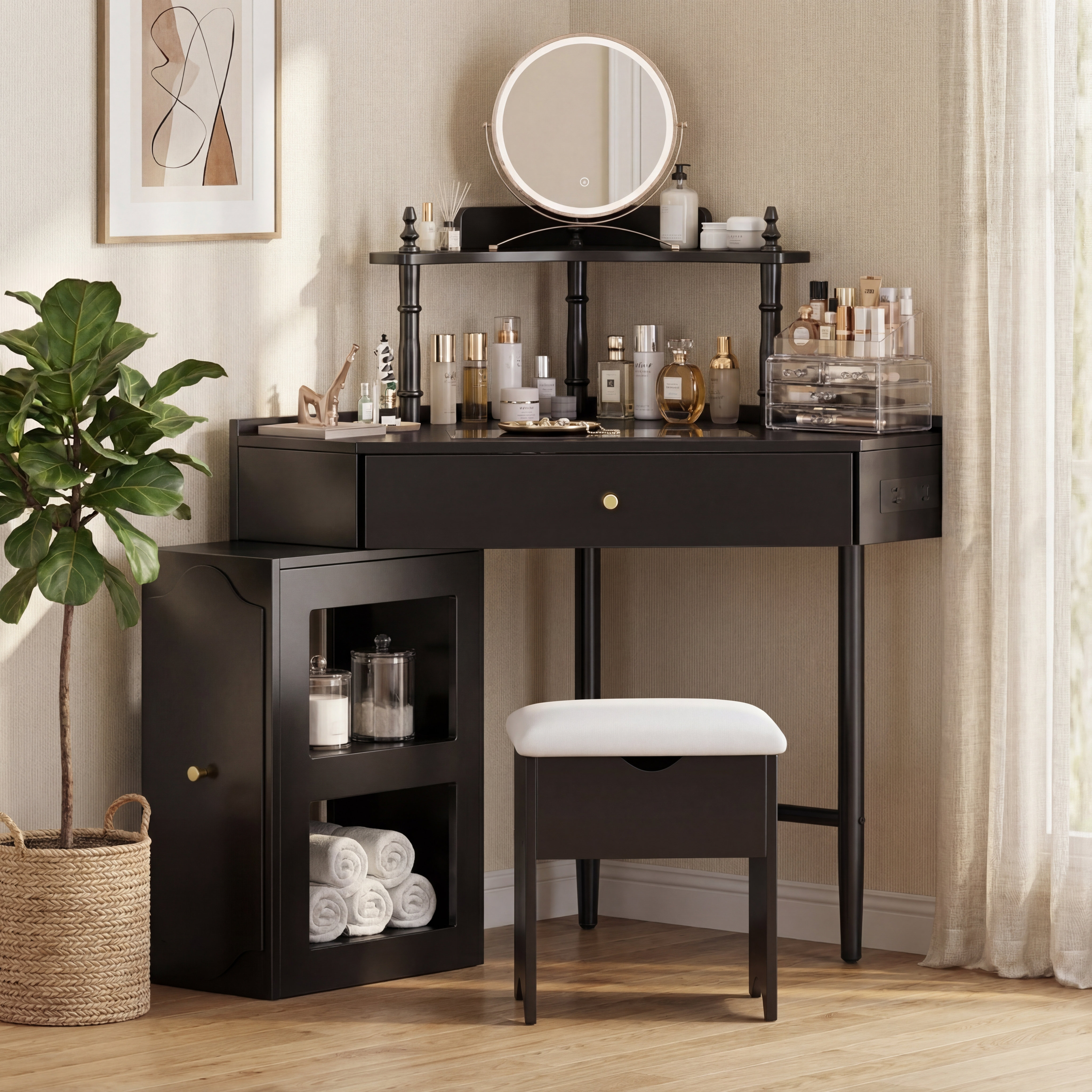 Ebern Designs Black Corner Makeup Vanity Set with Stool, Charging ...