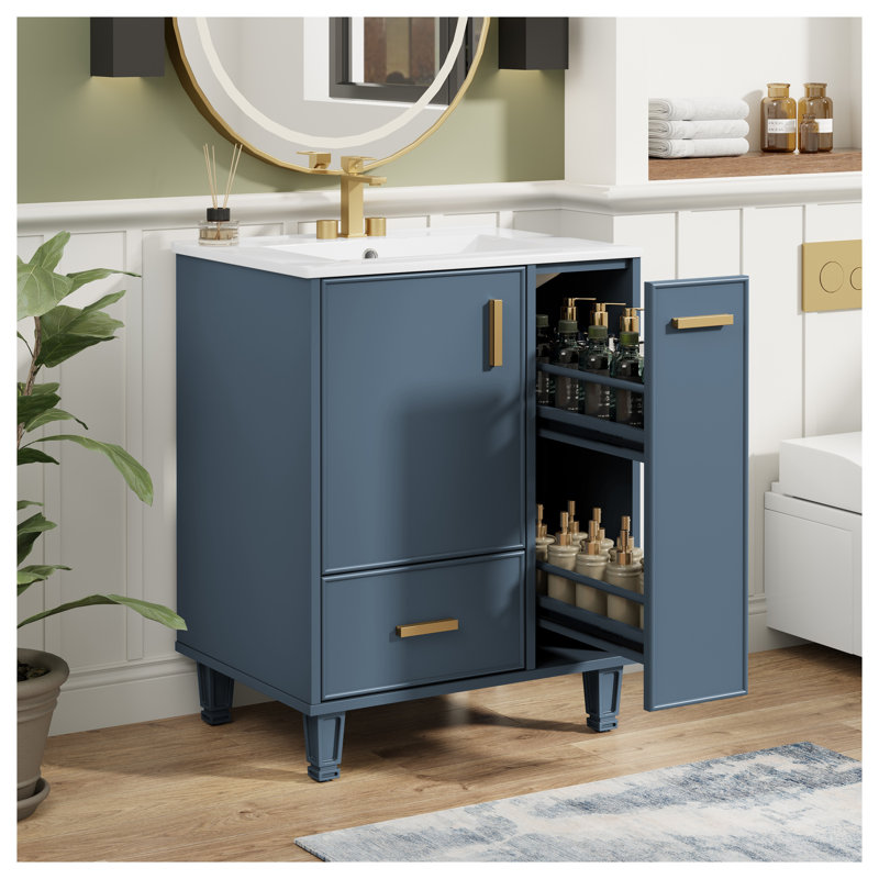 Meuble-lavabo 24 po bleu gris avec lavabo en céramique et armoire en bois massif
