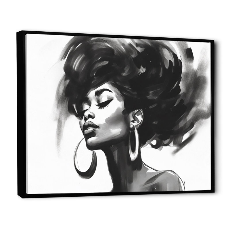 Noir et blanc femme afro-américaine III - art mural femme, Cadre flottant noir, H 12 po x l 20 po x P 1 po