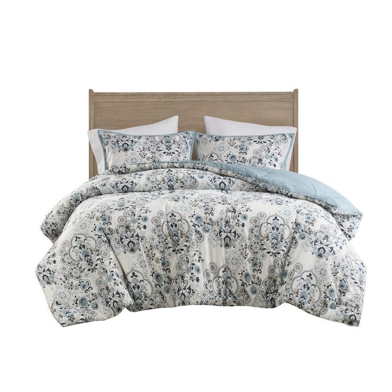 Édredon 3 pièces en coton bleu très grand / très grand - imprimé floral, rembourrage, preuve, 2 taies décoratives très grandes, preuve botanique