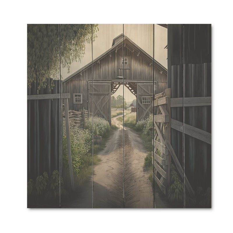 Maxine, pittoresque chemin sinueux et grange I - impression sans cadre sur bois, H 36 po x l 36 po x P 1,5 po