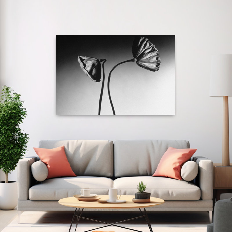 Art mural contemporain noir et blanc de nénuphars sur fond blanc, H 40 po x l 60 po