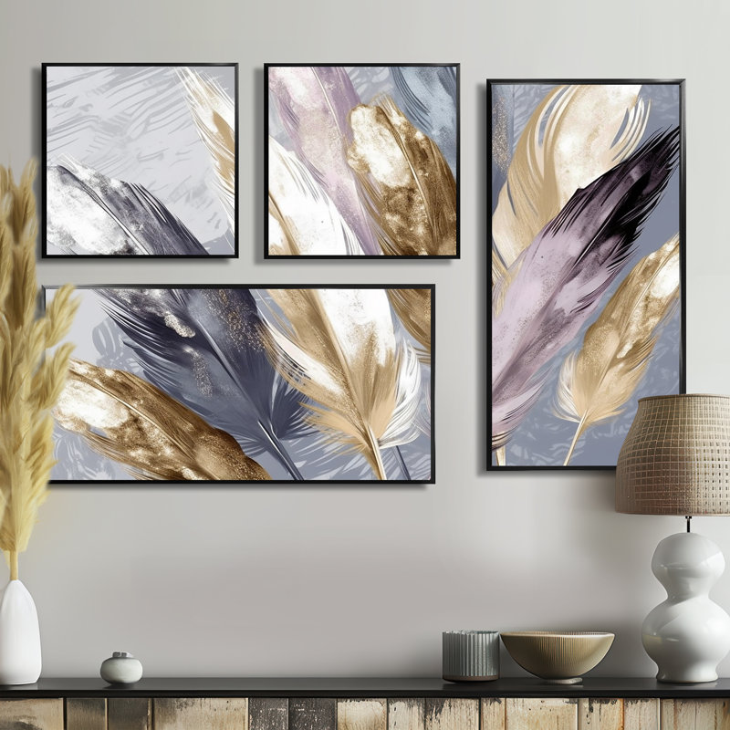 Plume mauve Boho Majesty - art mural moderne 4 panneaux, Noir, Impression encadrée sans passe-partout