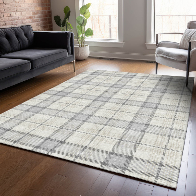 Silver Rectangular Washable Synthetic Plaid Area Rug 46" x 30"