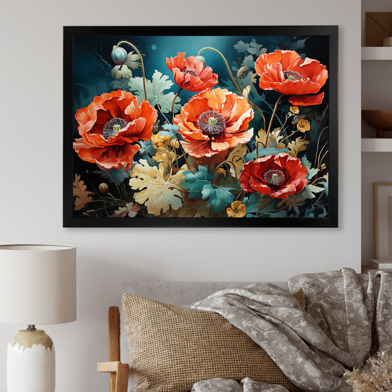 «Red and Green Poppy Reverie I», art mural coquelicots, Cadre flottant blanc, H 12 po x l 20 po x P 1 po