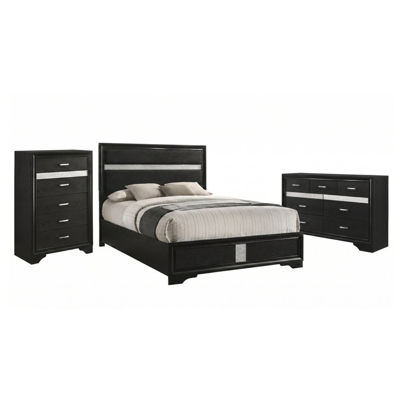 Ensemble de chambre à coucher Isadora noir Queen 3 pièces avec lit à panneaux, commode et commode haute