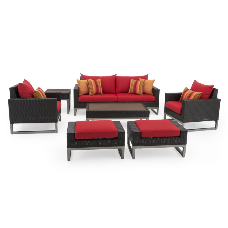 Ensemble de conversation en rotin avec coussins Sunbrella, Brun, Toile Sunbrella® rouge Jockey