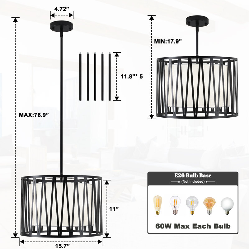 4 - Light 16 Inch Modern Dimmable Drum Chandelier With Fabric Lampshade And Removable Rods