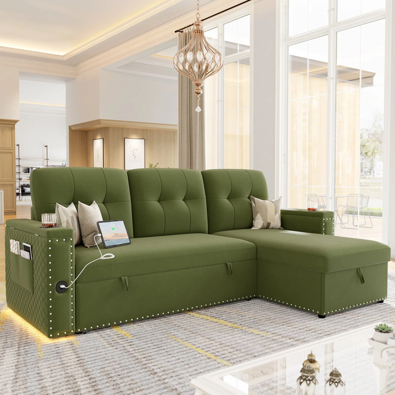 Canapé-lit modulaire avec méridienne réversible avec rangement et port de charge USB, vert velours, Velours vert