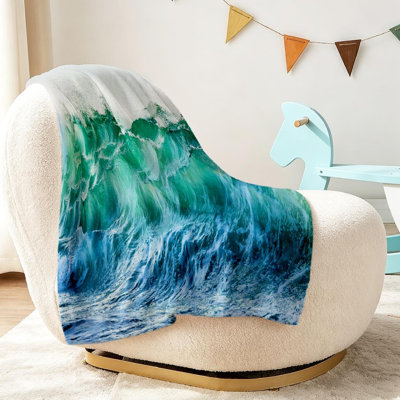 Jeté en molleton bleu flanelle ultra doux, imprimé Vagues Vagues
