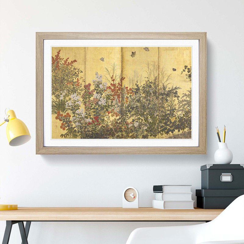 Butterflies & the Flowers by Tawaraya Sotatsu - Picture Frame Art Print, Oak Framed, 48cm H x 65cm W x 2cm D