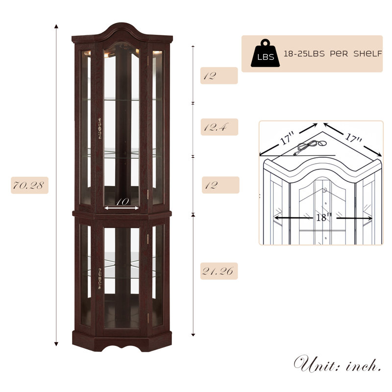 70.5" Arched Corner Curio Cabinet, Wooden China Cabinet with Adjustable Glass Shelves, Lighted Glass Display Cabinet Include Light Bulb, Rack for Living Room, Kitchen