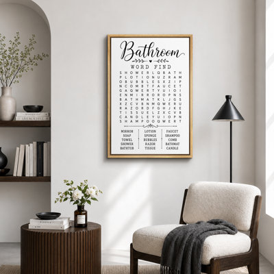 Black White Bathroom Word Find Artwork, Bathroom Pictures, Framed Canvas Giclee Print Wall Art