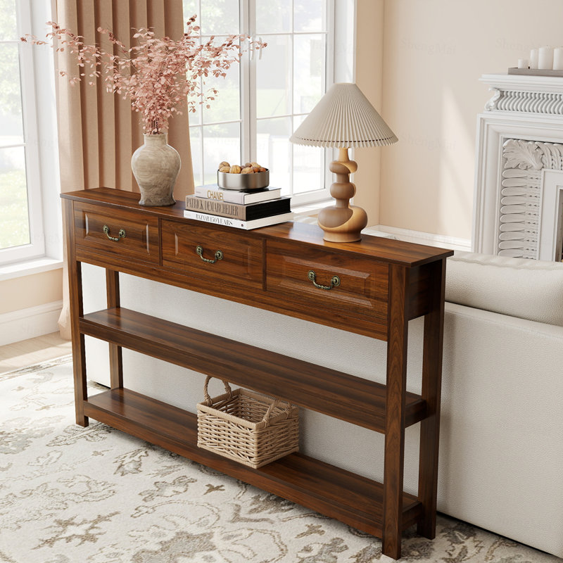 Console en bois avec 3 tiroirs, façades de tiroirs encastrées en bois aggloméré avec poignées en métal antique rétro, 2 tablettes de rangement ouvertes