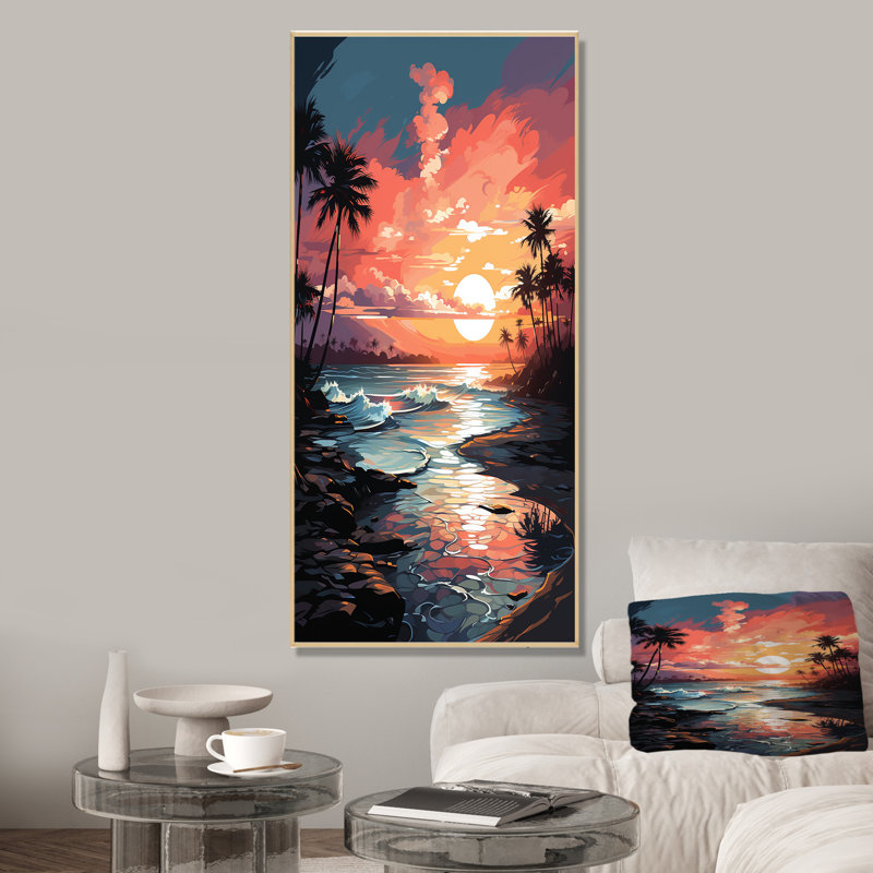 Orange coucher de soleil orange sur la plage I - art mural plage, Cadre flottant brun, H 40 po x l 30 po