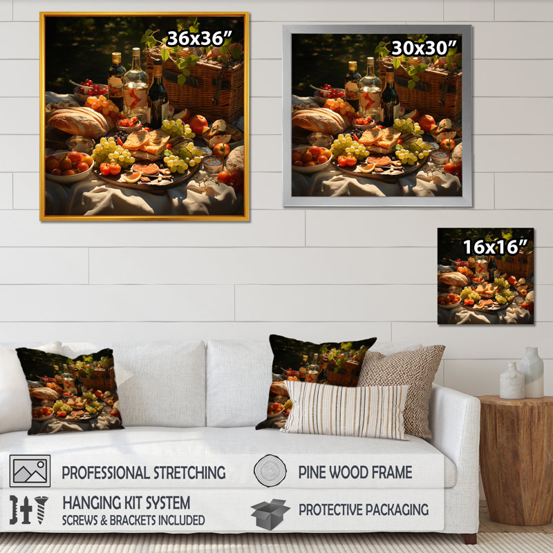 Table de salle à manger Natures sur pique-nique II sur toile, Cadre simple blanc, H 36 po x l 36 po x P 1,5 po