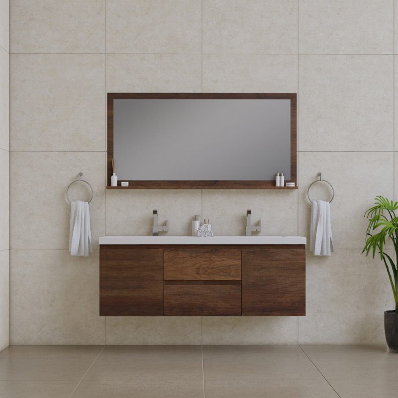 Arjina 60'' Double Bathroom Vanity with Solid Surface Top, Rosewood