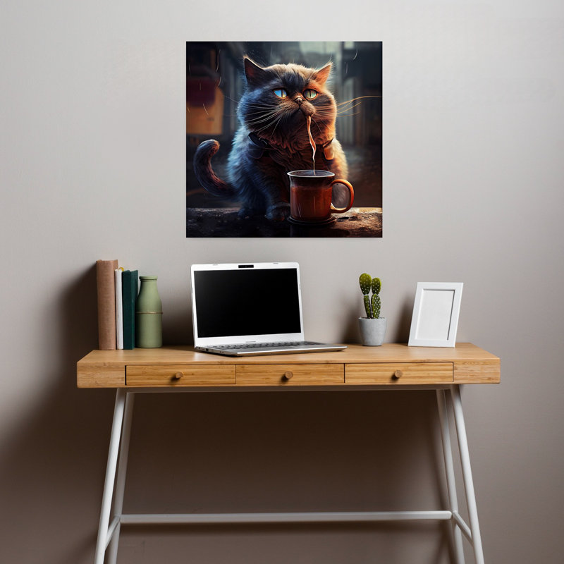 «Moody Cat Coffee», art contemporain de chat, paysage, nature, 18" H x 18" W