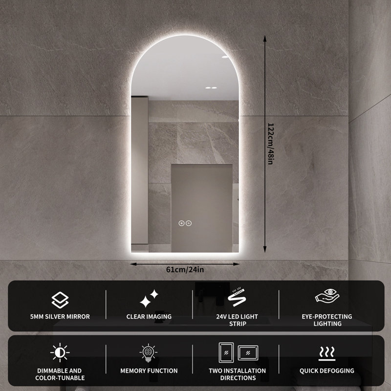 48" x 24" Arch Frameless LED Backlit Bathroom Mirror, 3 Color Dimmable Light, Anti-Fog, Touch Control, Wall Mounted Vanity Mirror