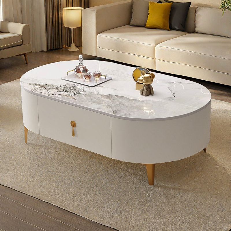Table basse ovale de style simple et moderne, Blanc, Blanc / gris, H 15 po x L 47,2 po x l 23,6 po