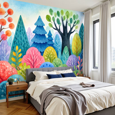 Papier peint adhésif auto-adhésif coloré forêt fantaisiste avec arbres à feuillage variés H 100 po x l 144 po, papier peint décoratif pour chambre à coucher, bureau