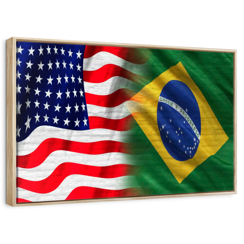 Drapeau des États-Unis et du Brésil, Cadre flottant en bois naturel, 46 po x 31 po