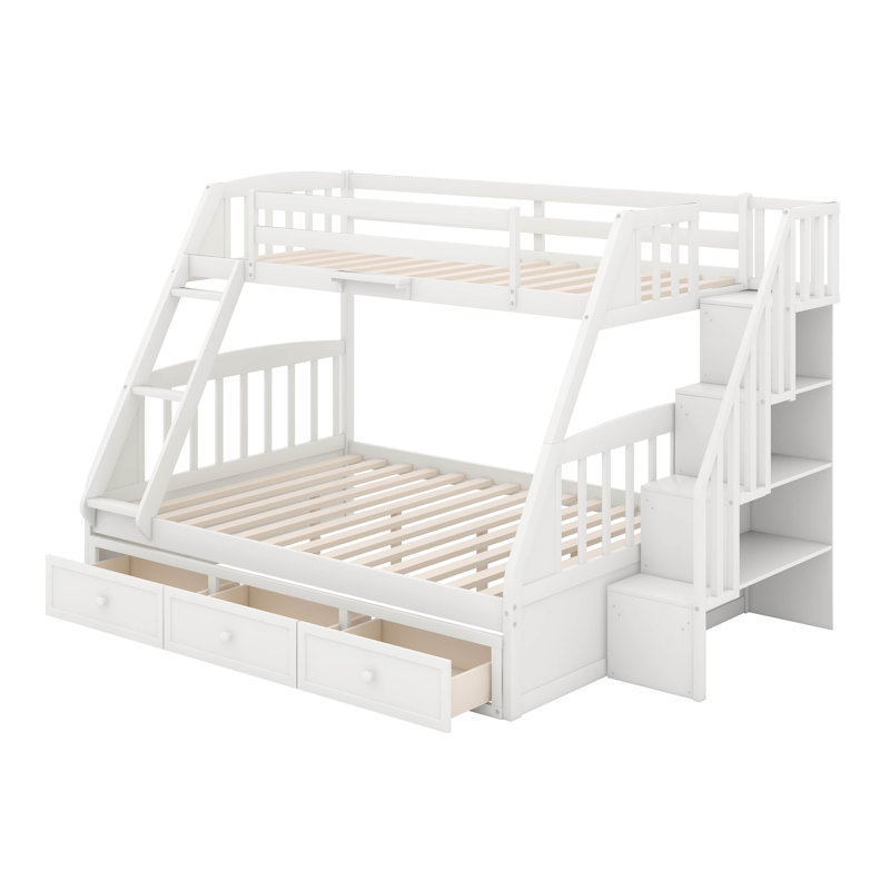 Lit simple superposé au dessus d'un lit double avec tiroirs, Blanc