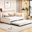 Lit de jour en lin beige avec lit gigogne, sans sommier, cadre en bois, peu encombrant pour les soirées pyjama, lit simple tapissier en lin beige gigogne, stable et sécuritaire-179898816