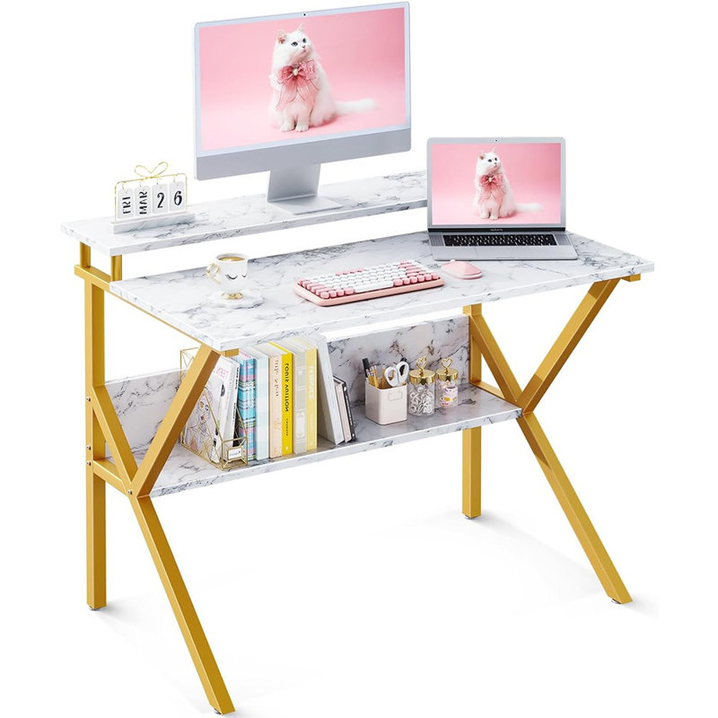 Petit bureau, bureau d'ordinateur de 27,5 pouces pour les petits espaces, bureau compact avec rangement, petite table d'étude avec support pour bureau personnel, marbre blanc et pieds dorés