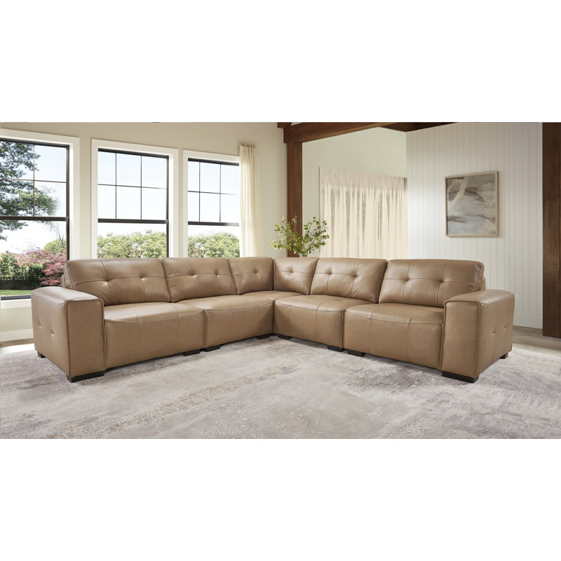 Upholstered Leather 5-piece L-sectional, Khaki-Brown Faux Leather