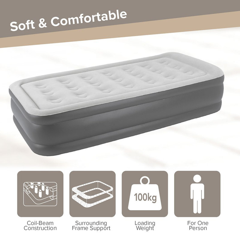 High Raised Airbed + Built in Pump, Twin, Gray