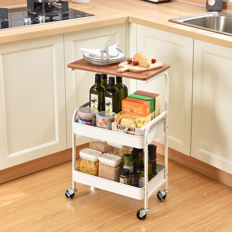 Metal Storage Trolley with Wooden Table Top