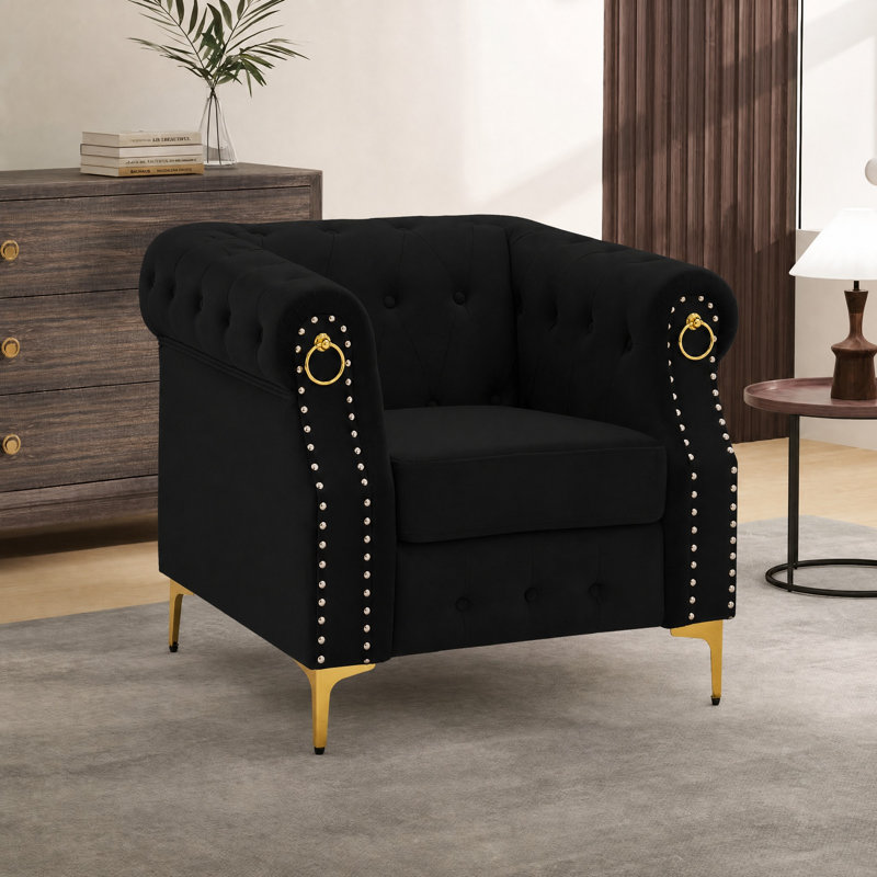  40.9" Velvet Chesterfield Chair, Black