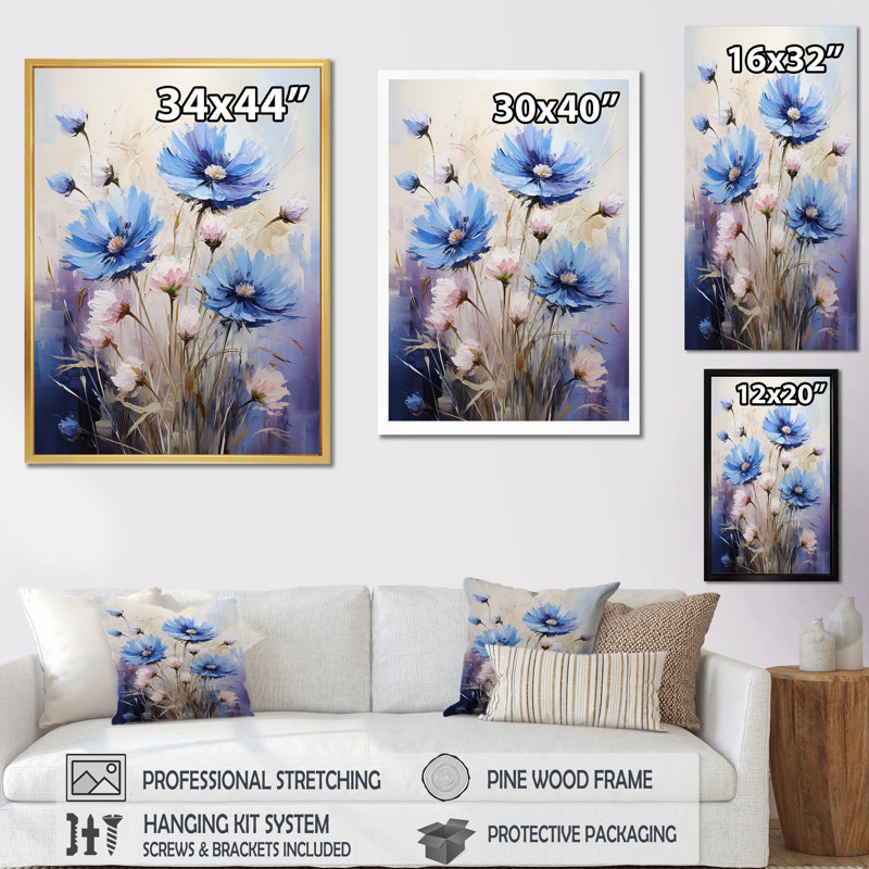 Bleu et mauve, bleuet, symphonie - impression, Cadre simple blanc, H 44 po x l 34 po x P 1,5 po
