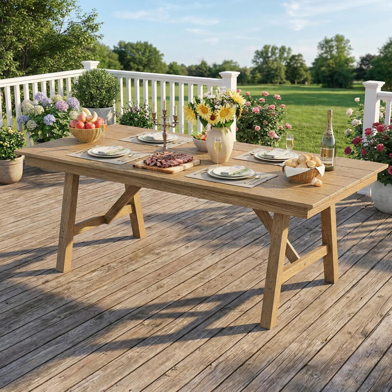 Table de salle à manger d'extérieur pour 4-6, table de salle à manger de jardin en PEHD de 66,9 po de long avec trou pour parasol, structure en aluminium, pieds triangulaires, imperméable, toutes saisons pour la cour, table de billard, table Natural Only